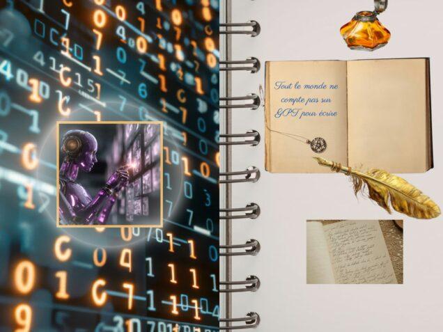 Cahier ouvert avec plume et encrier symbolisant l’écriture humaine, en contraste avec un visuel d’intelligence artificielle en arrière-plan.