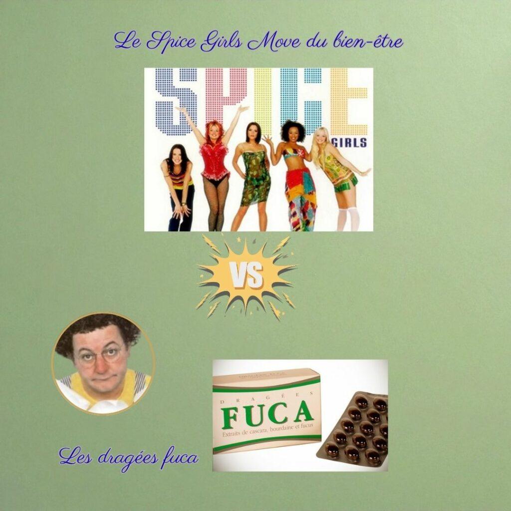 Montage humoristique opposant les Spice Girls aux dragées Fuca, illustrant les dérives des conseils healthy appliqués sans discernement.