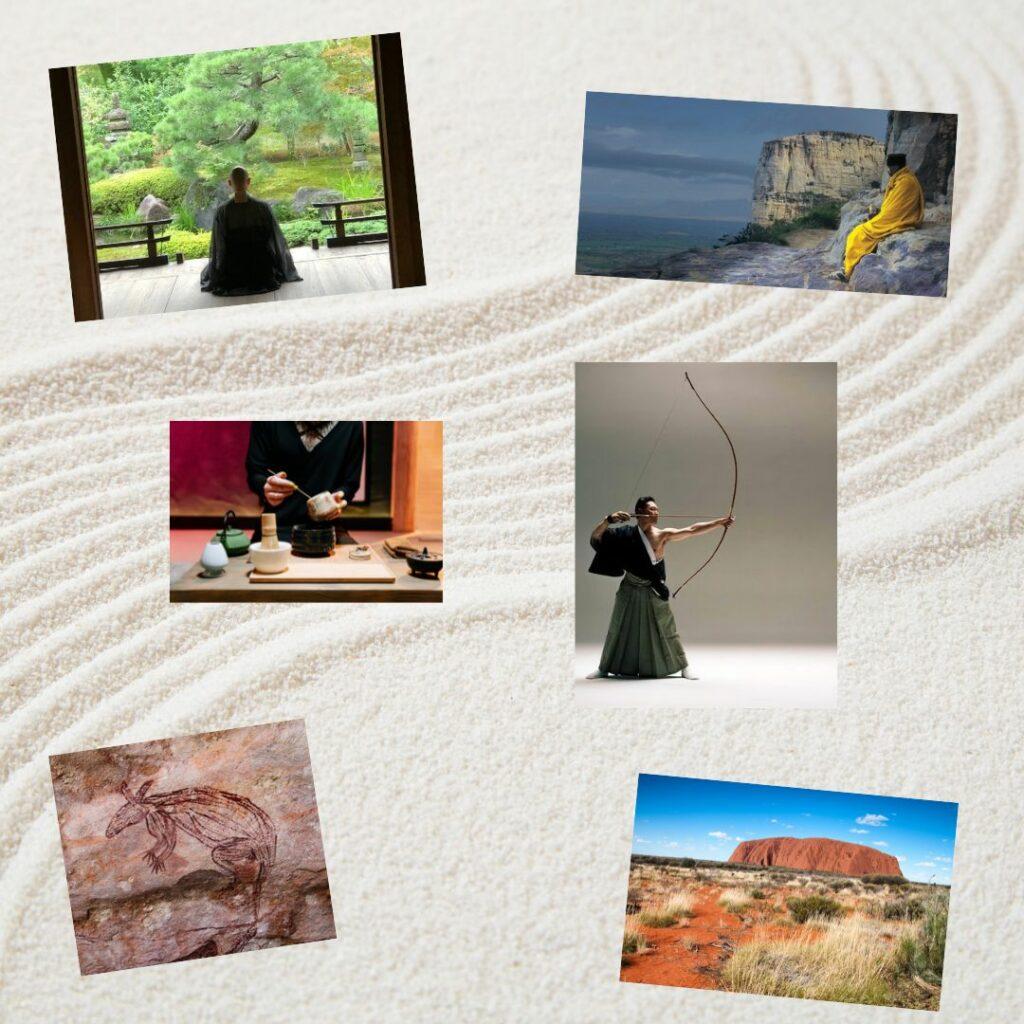 Montage montrant différentes traditions sacrées : un moine zazen, une cérémonie du thé japonaise, un maître de kyūdō, un ermite méditant dans la nature, des peintures rupestres aborigènes et un paysage australien, posés sur un fond rappelant un jardin zen. L’image illustre la diversité des chemins d’intériorité.