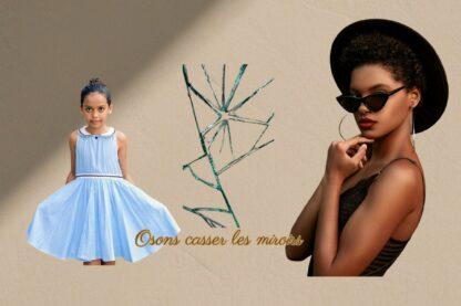Une petite fille en robe bleue face à un miroir brisé, à côté d’une femme affirmée en lunettes noires. Image symbolisant la dévalorisation féminine et la libération des anciens schémas.