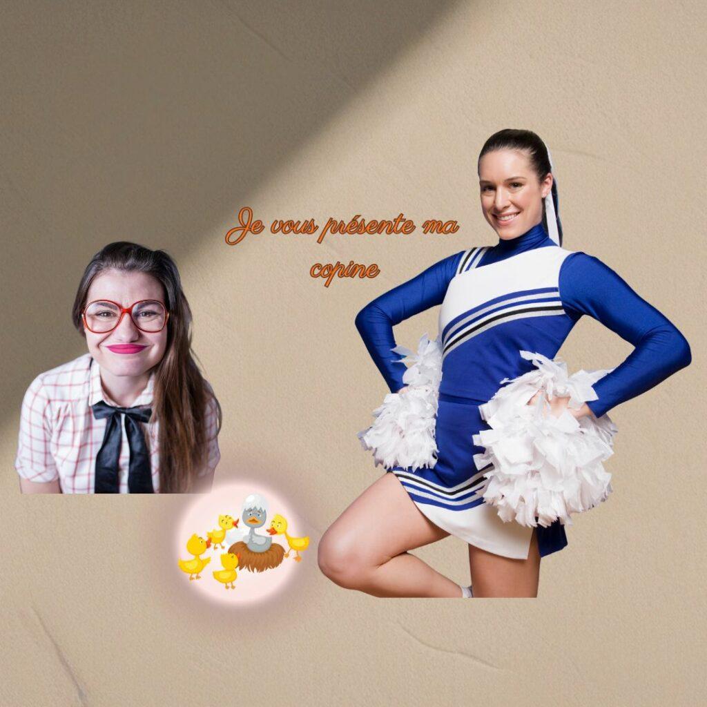 Montage montrant une pom-pom girl souriante à côté d’une jeune fille au style discret, illustrant le contraste entre la “fille parfaite” et la “copine faire-valoir”, symbole des comparaisons dévalorisantes imposées aux femmes.