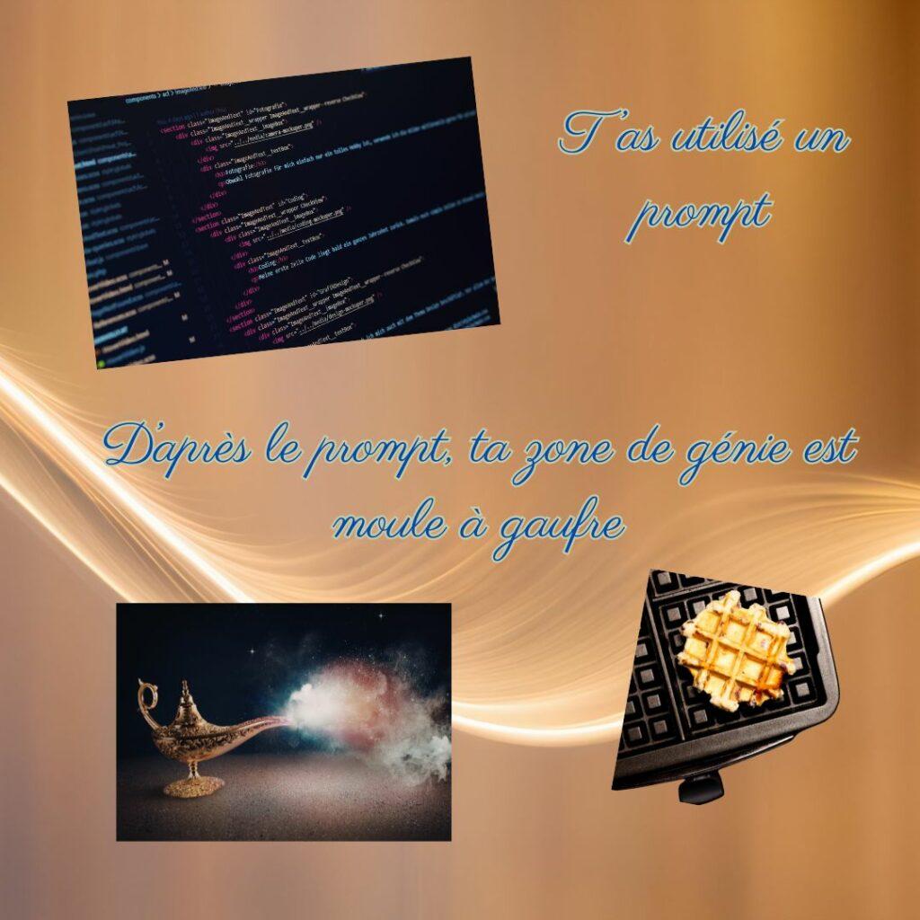 Illustration mêlant code informatique, lampe magique symbolisant le génie, gaufrier et gaufre, avec le texte : ‘T’as utilisé un prompt ? D’après le prompt, ta zone de génie est moulée à gaufre’. Image contrastant l’IA et la créativité humaine.