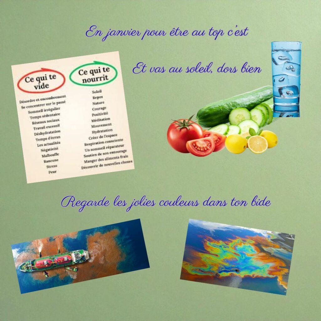 Image montrant une liste “Ce qui te vide / Ce qui te nourrit”, des aliments crus comme concombre et citron, un verre d’eau glacée, et deux photos de marée noire, illustrant l’idée que suivre les conseils healthy hors saison peut perturber les doshas.