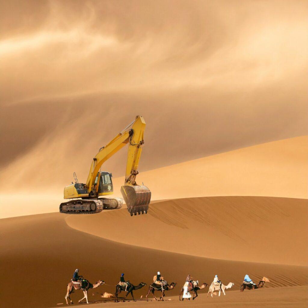 Une pelleteuse Caterpillar posée sur une dune dans le désert, avec une caravane de dromadaires en contrebas. L’image illustre l’absurdité de chercher la transformation intérieure dans le désert plutôt que dans son propre travail intérieur.