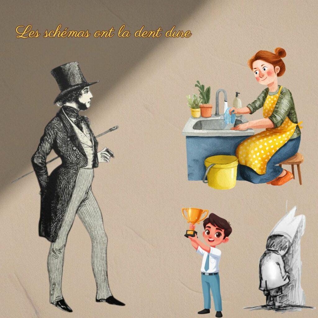 Illustration montrant un homme d’époque dominant, une femme cantonnée aux tâches ménagères, un garçon récompensé et un enfant au bonnet d’âne, pour représenter les vieux schémas patriarcaux et la dévalorisation scolaire.