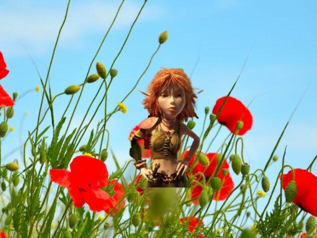 Illustration d’une femme-minimoys inspirée de Sélénia, debout dans un champ de coquelicots géants, symbolisant une femme qui reprend sa vraie taille intérieure après s’être longtemps rétrécie pour ne pas déranger.