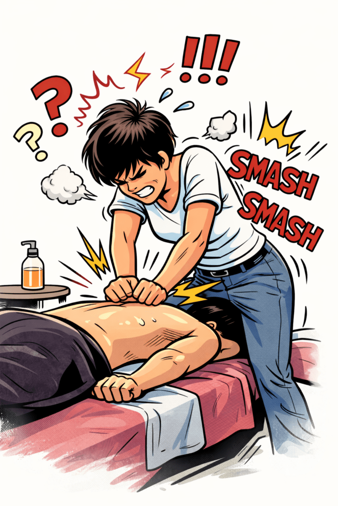 Illustration BD humoristique montrant une praticienne qui masse un dos en forçant, visage crispé et bras tendus, entourée d'effets “SMASH SMASH”, symbole d’une mauvaise posture qui abîme le corps.