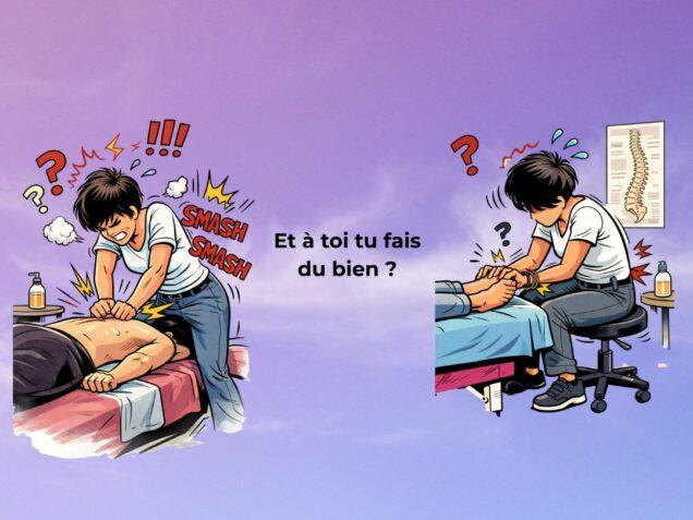 Illustration en style BD montrant une praticienne massant en force, posture cassée et crispée, contrastée avec une posture de massage inconfortable, accompagnée de la phrase “Et à toi tu fais du bien ?” sur un fond violet.