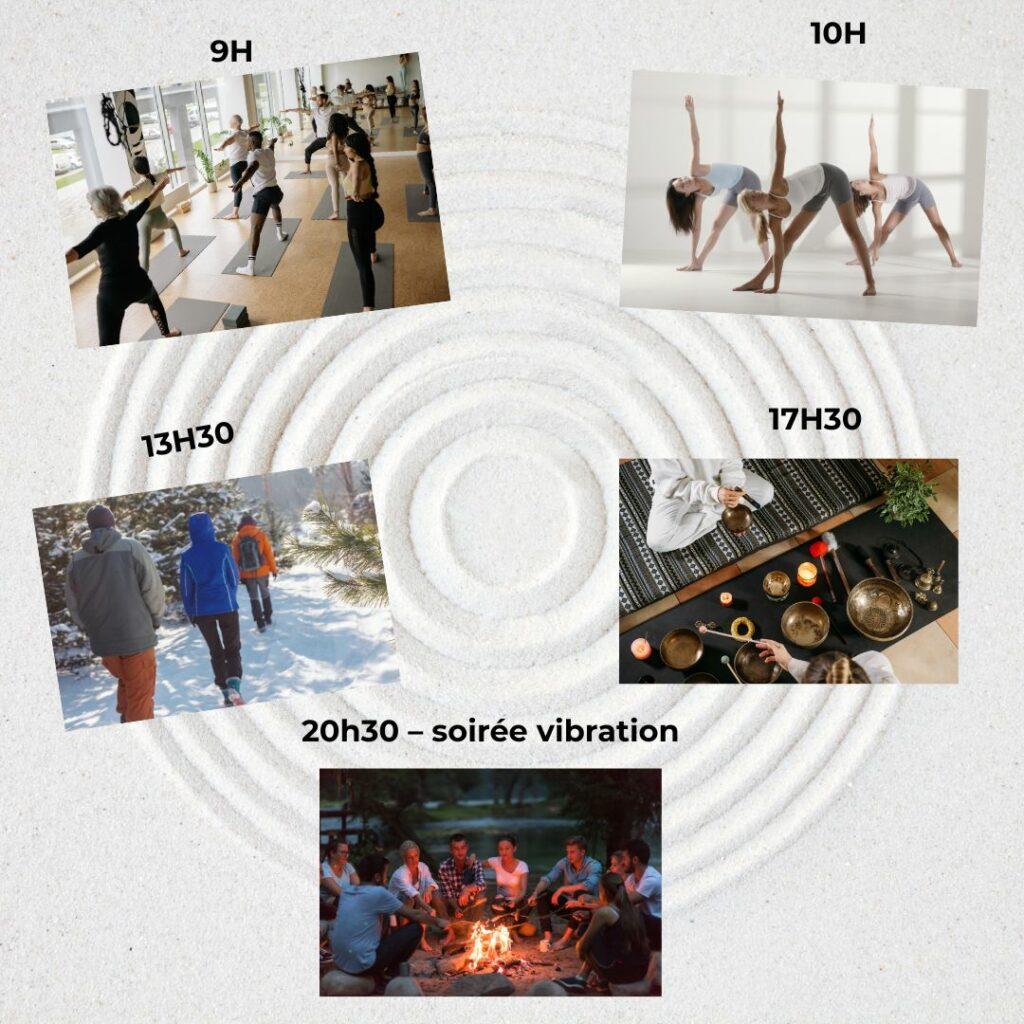 Montage illustrant un programme de séjour bien-être avec enchaînement d’activités : yoga à 9h, stretching à 10h, randonnée à 13h30, bols tibétains à 17h30 et soirée au feu de camp.