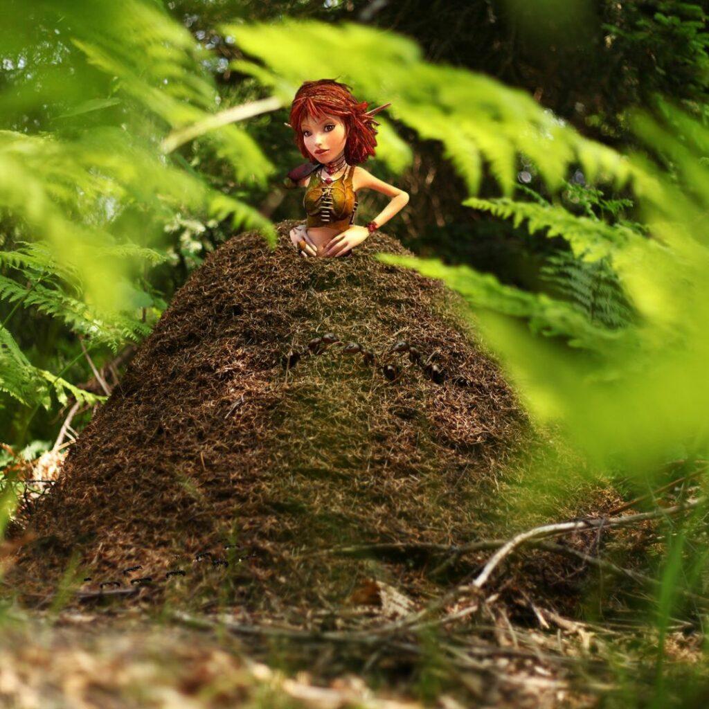Illustration d’une femme-minimoys qui sort d'une grande fourmilière dans la forêt, symbolisant les femmes conditionnées à se rétrécir, à travailler pour les autres et à s’effacer dès l’enfance.