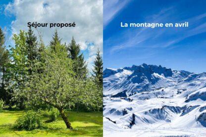 Comparaison entre une image estivale verdoyante présentée dans un séjour bien-être en avril et la réalité d’une montagne enneigée en avril.