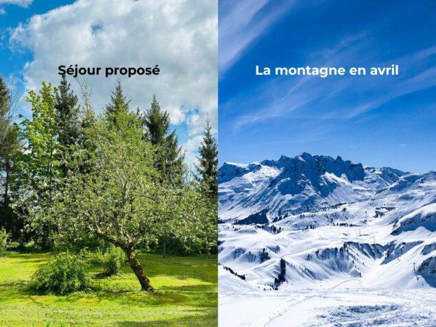 Comparaison entre une image estivale verdoyante présentée dans un séjour bien-être en avril et la réalité d’une montagne enneigée en avril.