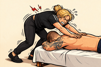 Illustration caricaturale d’une praticienne blonde en massage avec une mauvaise posture : dos très arrondi, épaules crispées et bras tendus, forçant sur le dos du client.