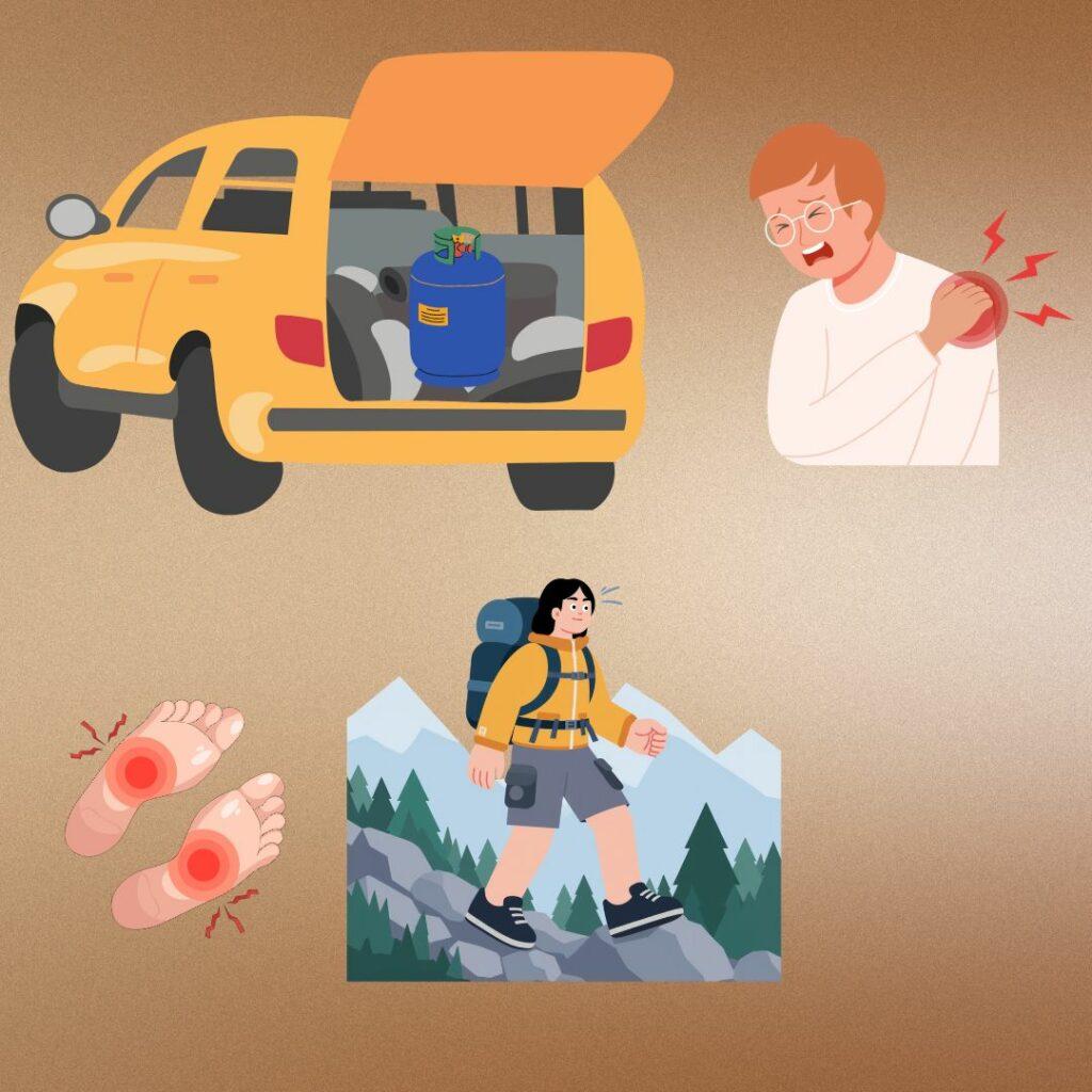 Illustration d’une personne avec douleur à l’épaule après avoir porté une bouteille de gaz et douleur au pied après une randonnée, montrant des causes concrètes des douleurs