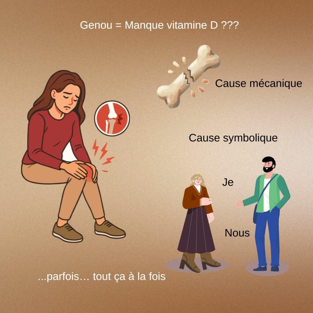 Illustration d’une douleur au genou montrant différentes causes possibles : mécanique, symbolique et carence en vitamine D