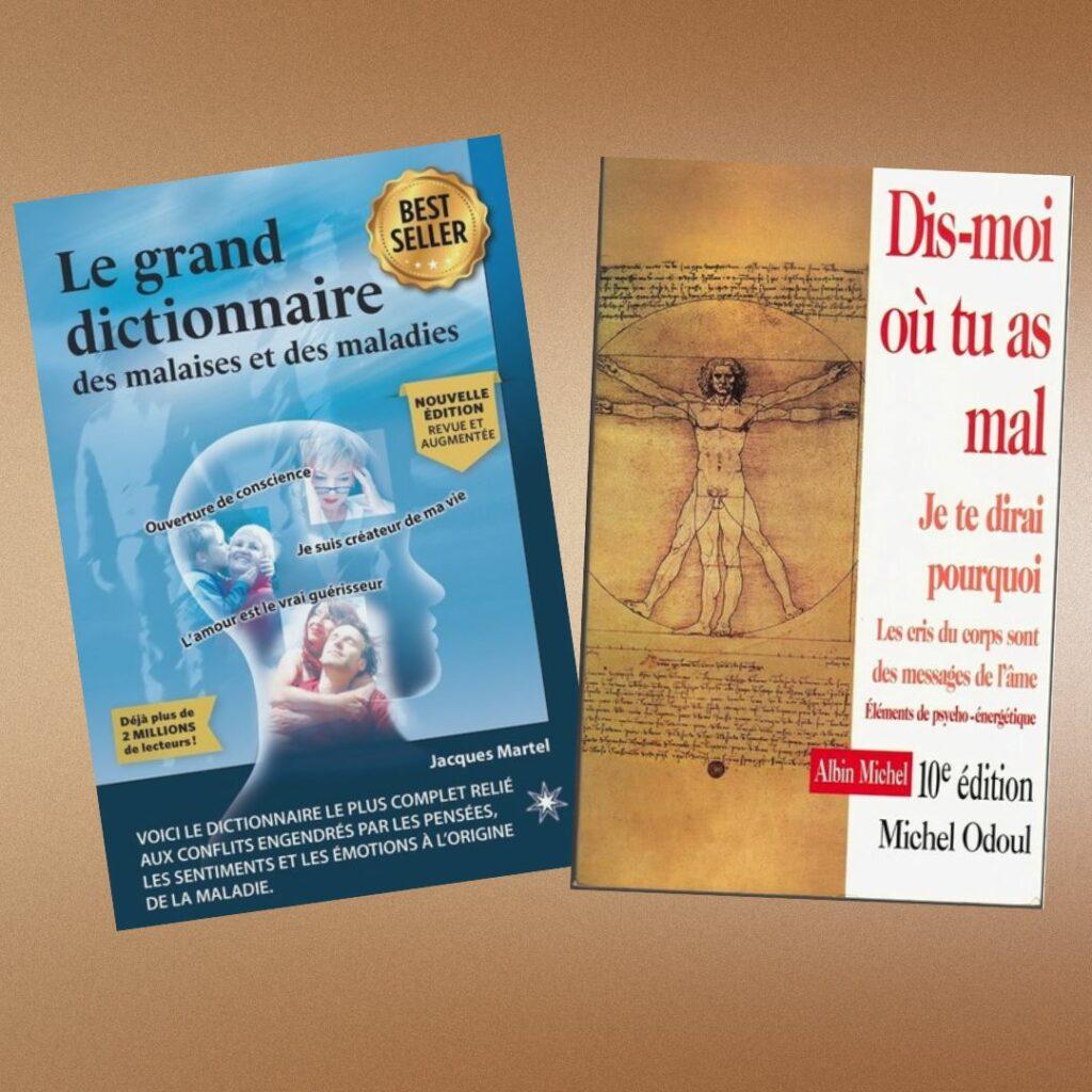 Livres sur la symbolique des maladies et du corps humain montrant une approche plus nuancée des douleurs que les tableaux simplistes Pinterest