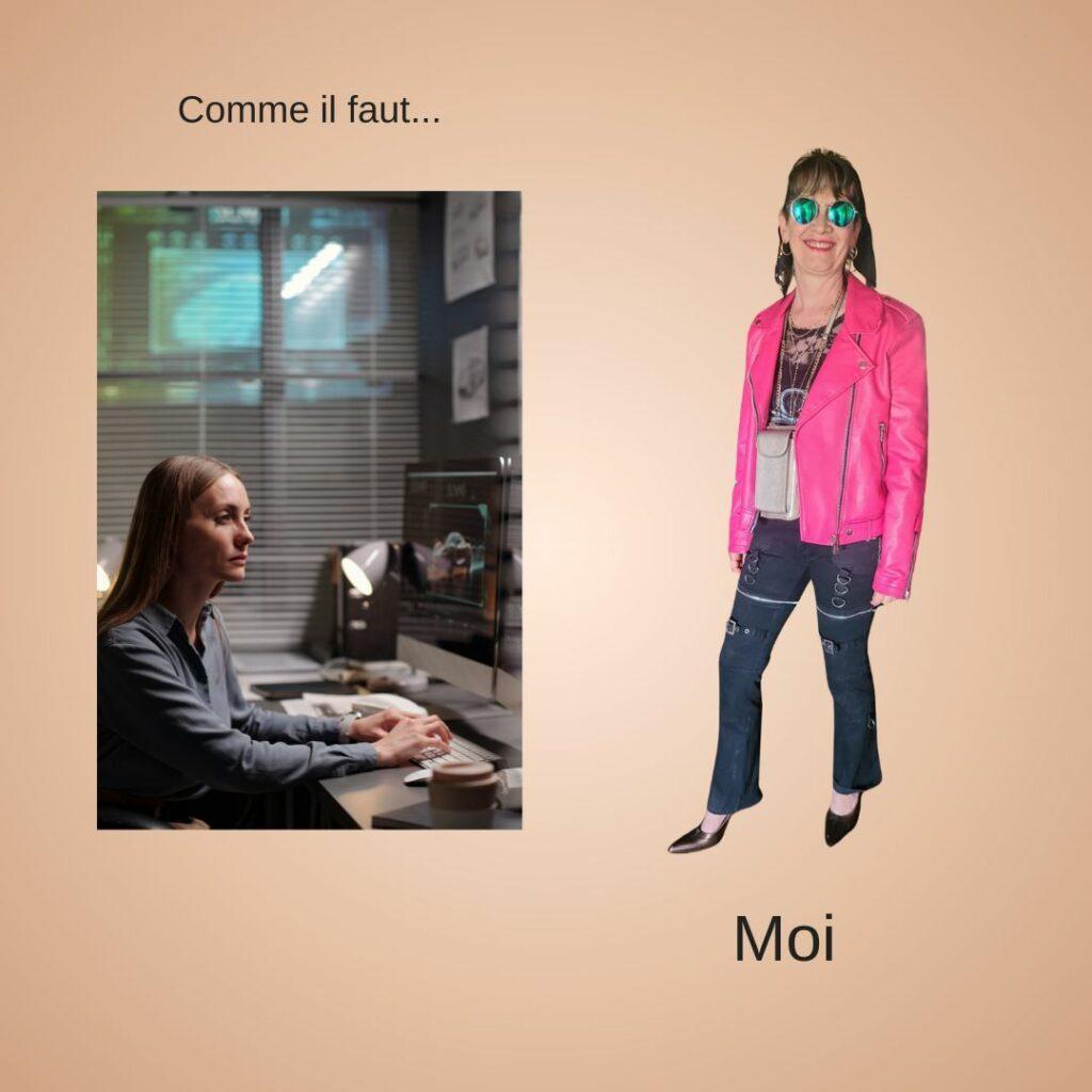 Comparaison entre une femme au bureau conforme aux codes et une femme au style affirmé en rose, illustrant l’authenticité et la différence