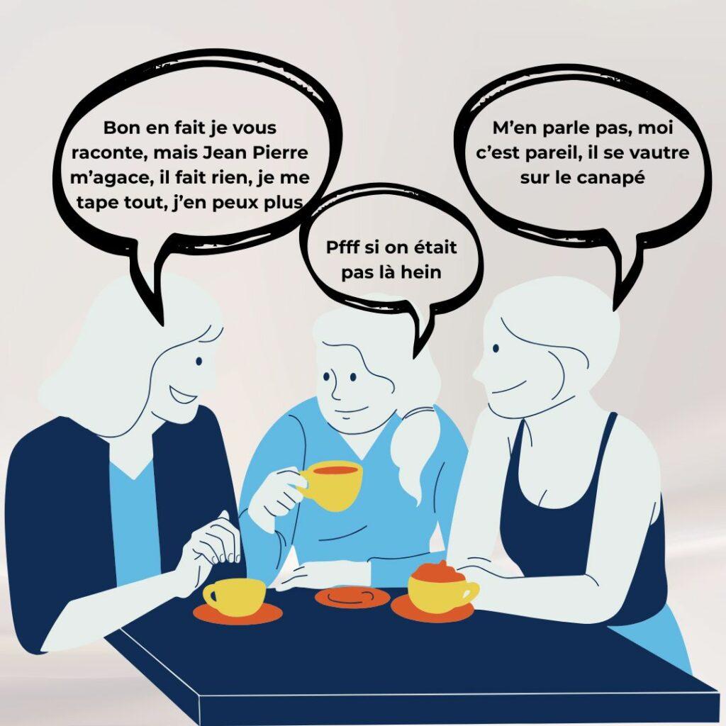 Trois femmes assises autour d’un café discutent. L’une raconte qu’elle fait tout à la maison, une autre confirme que c’est pareil chez elle, et la troisième soupire. Illustration du fait de se plaindre ensemble sans changer la charge mentale.