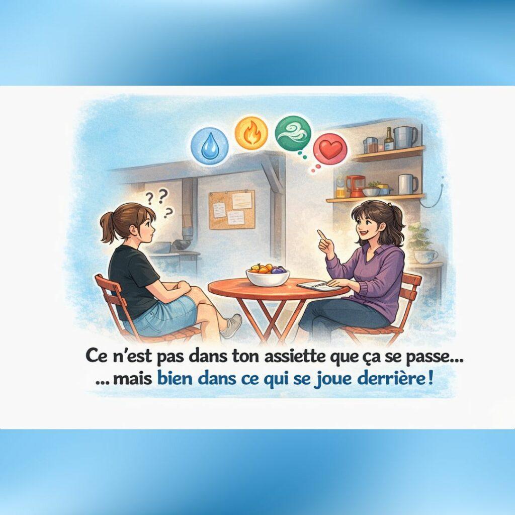 Illustration de style BD montrant une femme accompagnée lors d’un échange, avec des symboles représentant les éléments (eau, feu, air, cœur), illustrant le lien entre alimentation, émotions et équilibre intérieur