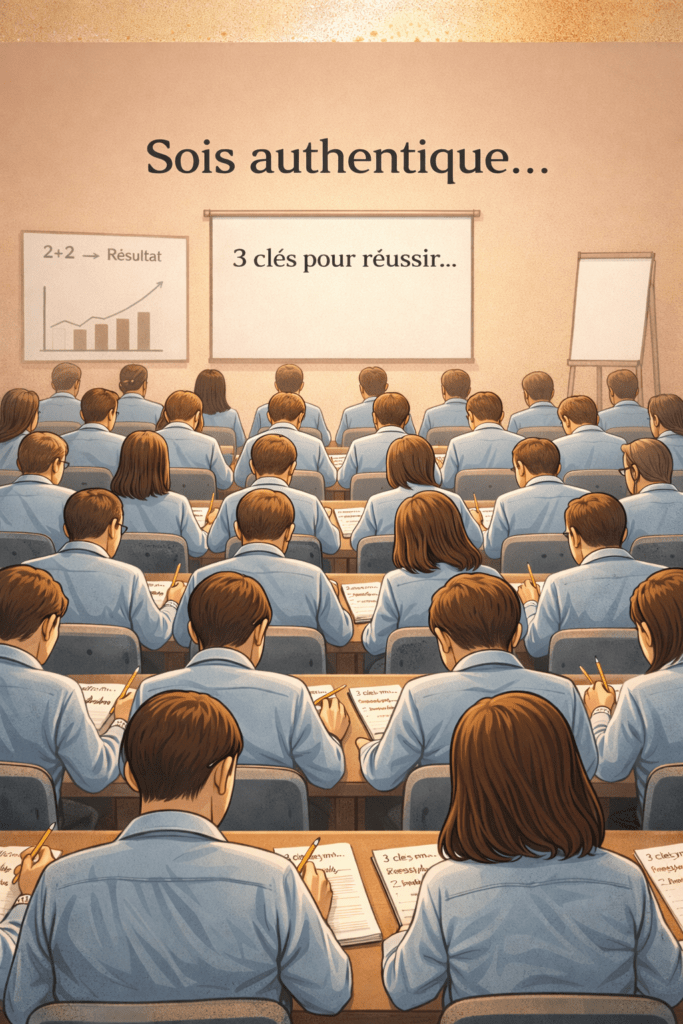 Une salle de formation où plusieurs personnes écrivent la même chose, illustrant le marketing formaté et le manque d’authenticité