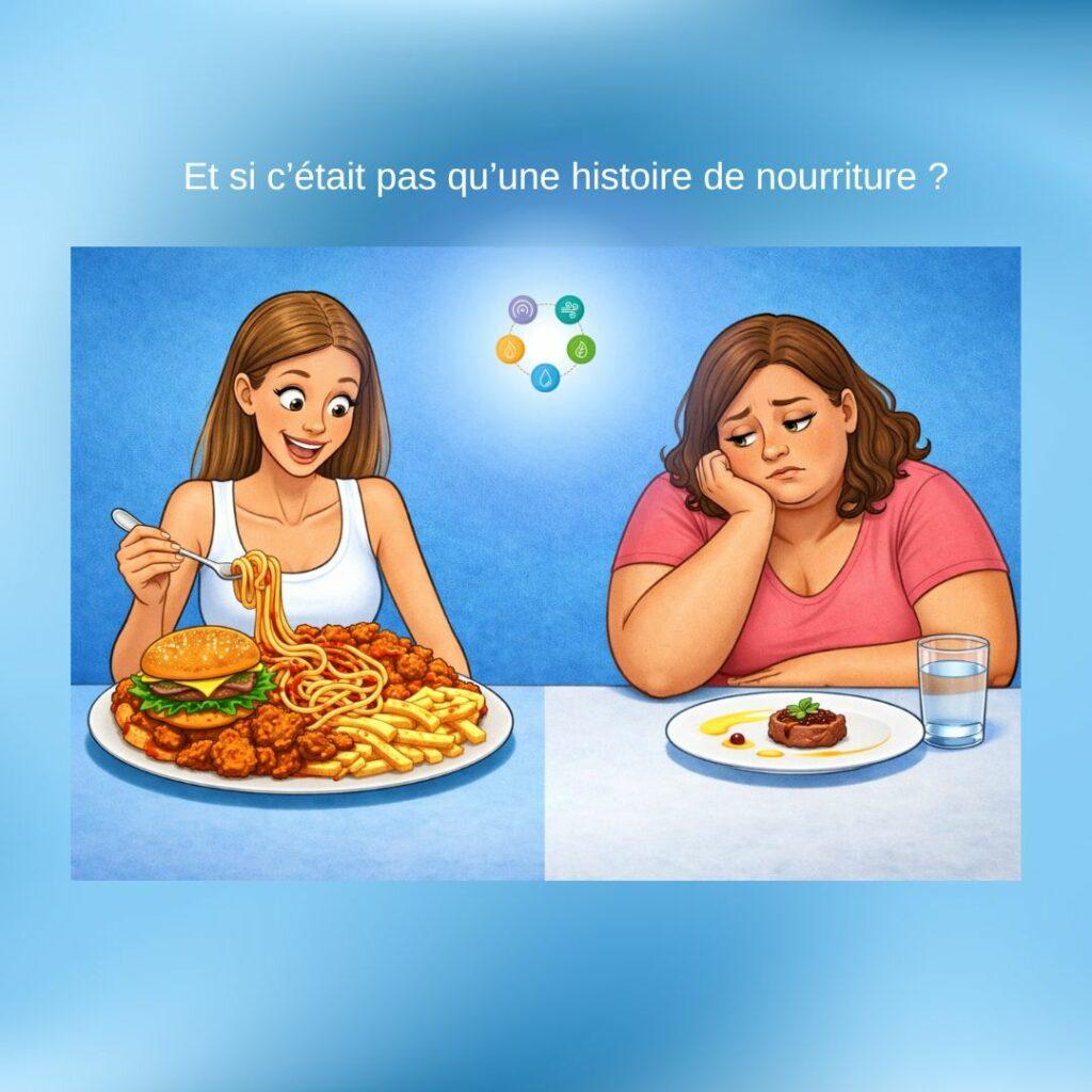 Illustration d’une femme mince mangeant une grande quantité de nourriture avec plaisir, à côté d’une femme en surpoids avec une petite assiette et un verre d’eau, montrant un contraste entre alimentation et prise de poids.