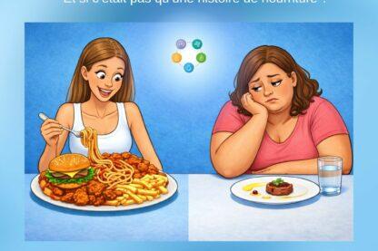 Illustration d’une femme mince mangeant une grande quantité de nourriture avec plaisir, à côté d’une femme en surpoids avec une petite assiette et un verre d’eau, montrant un contraste entre alimentation et prise de poids.