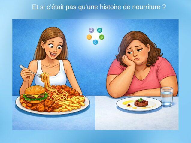 Illustration d’une femme mince mangeant une grande quantité de nourriture avec plaisir, à côté d’une femme en surpoids avec une petite assiette et un verre d’eau, montrant un contraste entre alimentation et prise de poids.