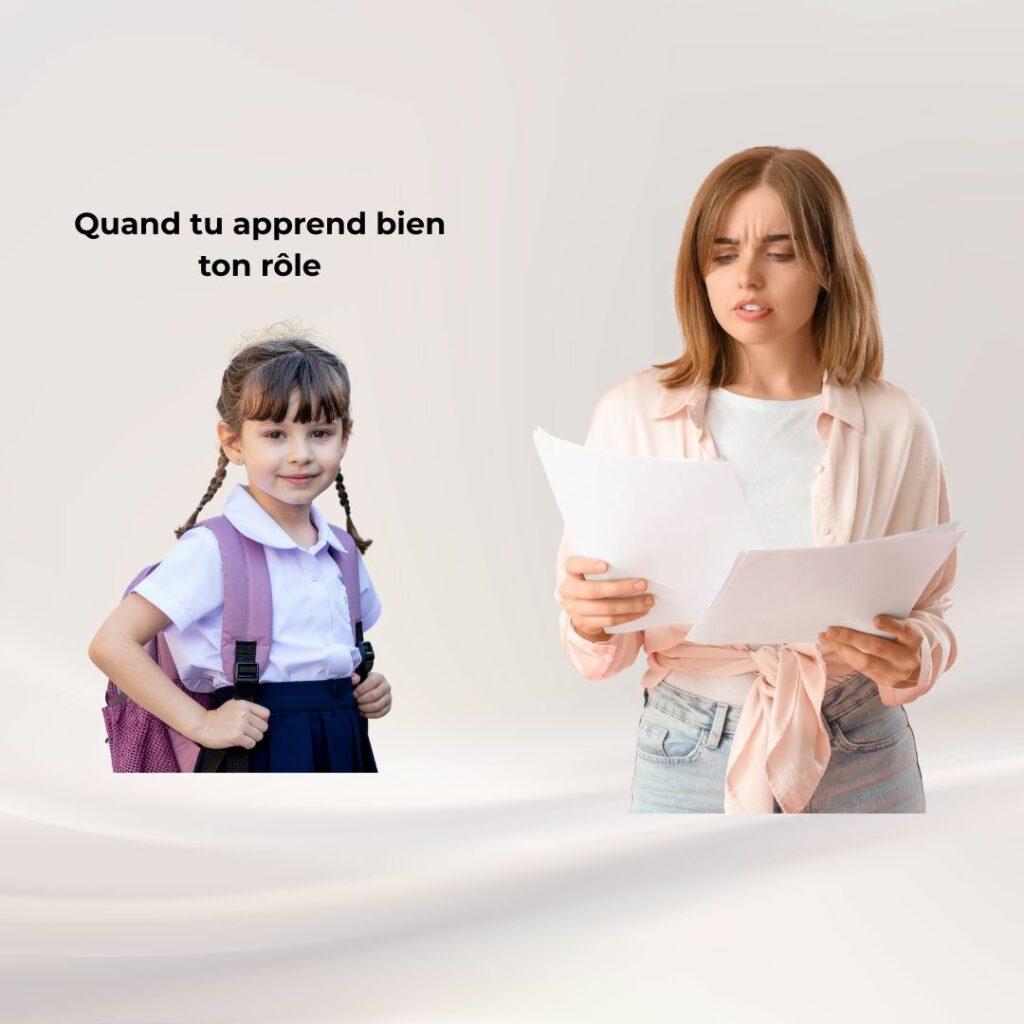 Une petite fille en uniforme scolaire regarde la caméra avec assurance, tandis qu’une femme adulte lit un script avec perplexité, illustrant un rôle appris dès l’enfance et rejoué à l’âge adulte.