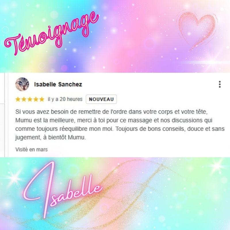 Témoignage d'Isabelle Sanchez sur google suite à un massage avec séance individuelle