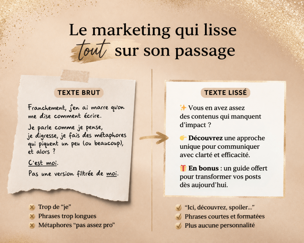 Comparaison entre un texte brut et un texte lissé par le marketing et l’intelligence artificielle, illustrant la perte d’authenticité