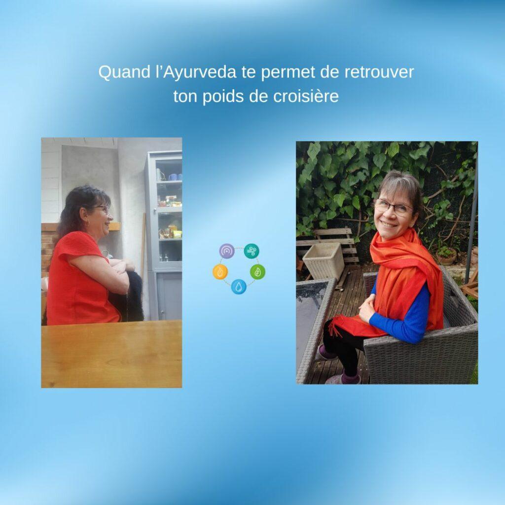 Avant / après de Muriel montrant une transformation corporelle liée à un travail sur les blessures émotionnelles et l’équilibre ayurvédique