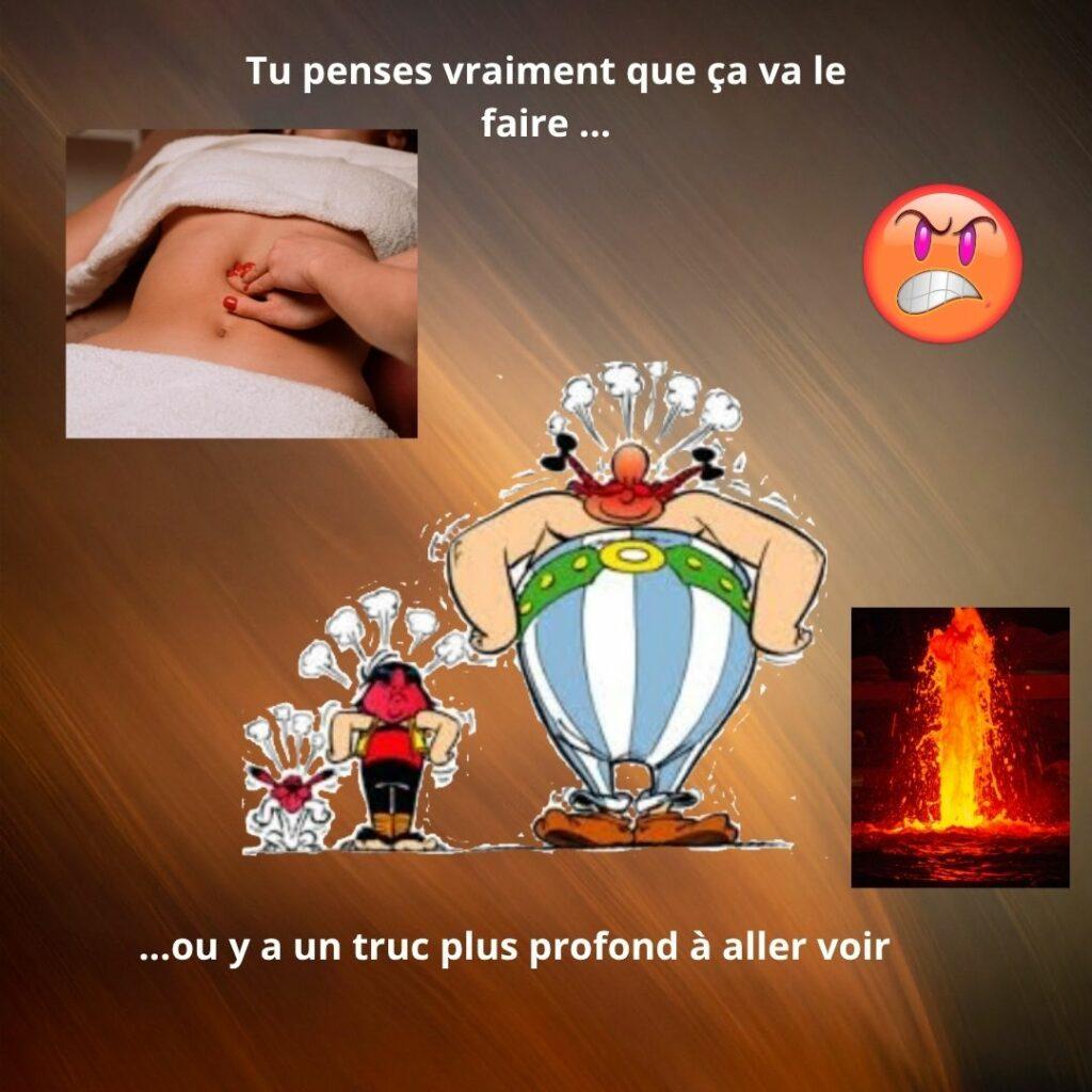 Illustration humoristique représentant un massage du ventre, un personnage en colère et un volcan pour symboliser une colère intense et débordante.