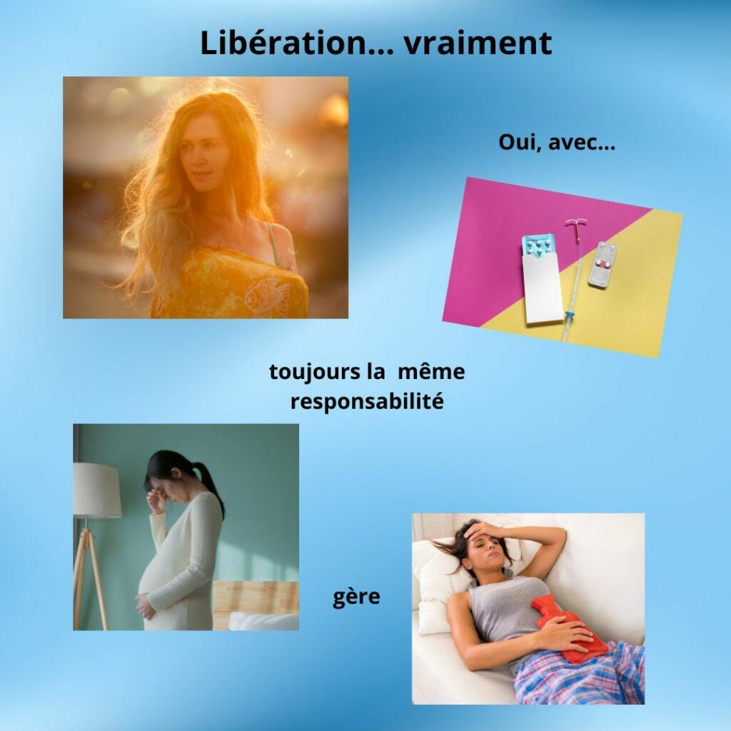 Illustration sur la libération des femmes montrant une femme libre associée à la contraception, à la grossesse et aux douleurs, illustrant une responsabilité toujours présente