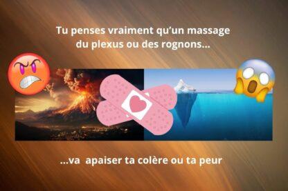 Illustration symbolique montrant un volcan, un iceberg et un pansement pour représenter la colère, la peur et les limites du massage émotionnel.