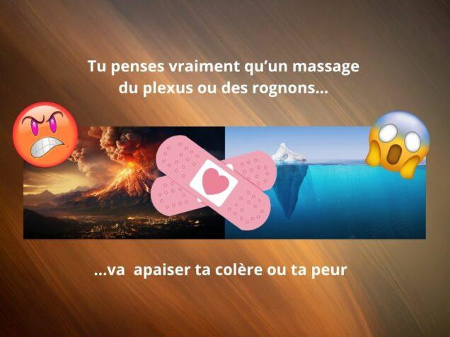 Illustration symbolique montrant un volcan, un iceberg et un pansement pour représenter la colère, la peur et les limites du massage émotionnel.