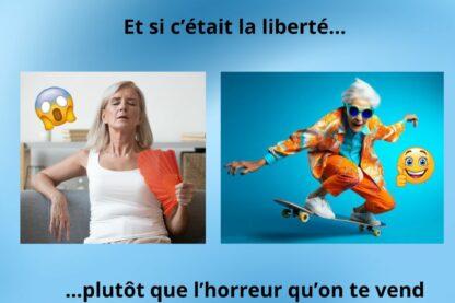 Femme en bouffée de chaleur face à une femme âgée dynamique en skateboard, illustrant la ménopause entre inconfort et liberté retrouvée.