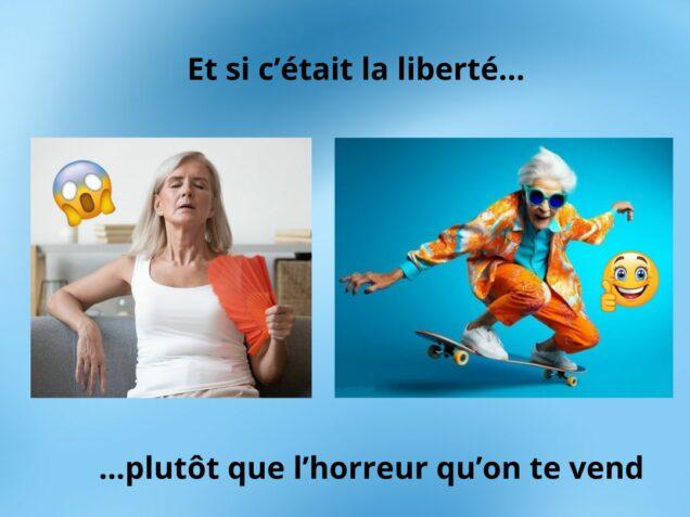 Femme en bouffée de chaleur face à une femme âgée dynamique en skateboard, illustrant la ménopause entre inconfort et liberté retrouvée.
