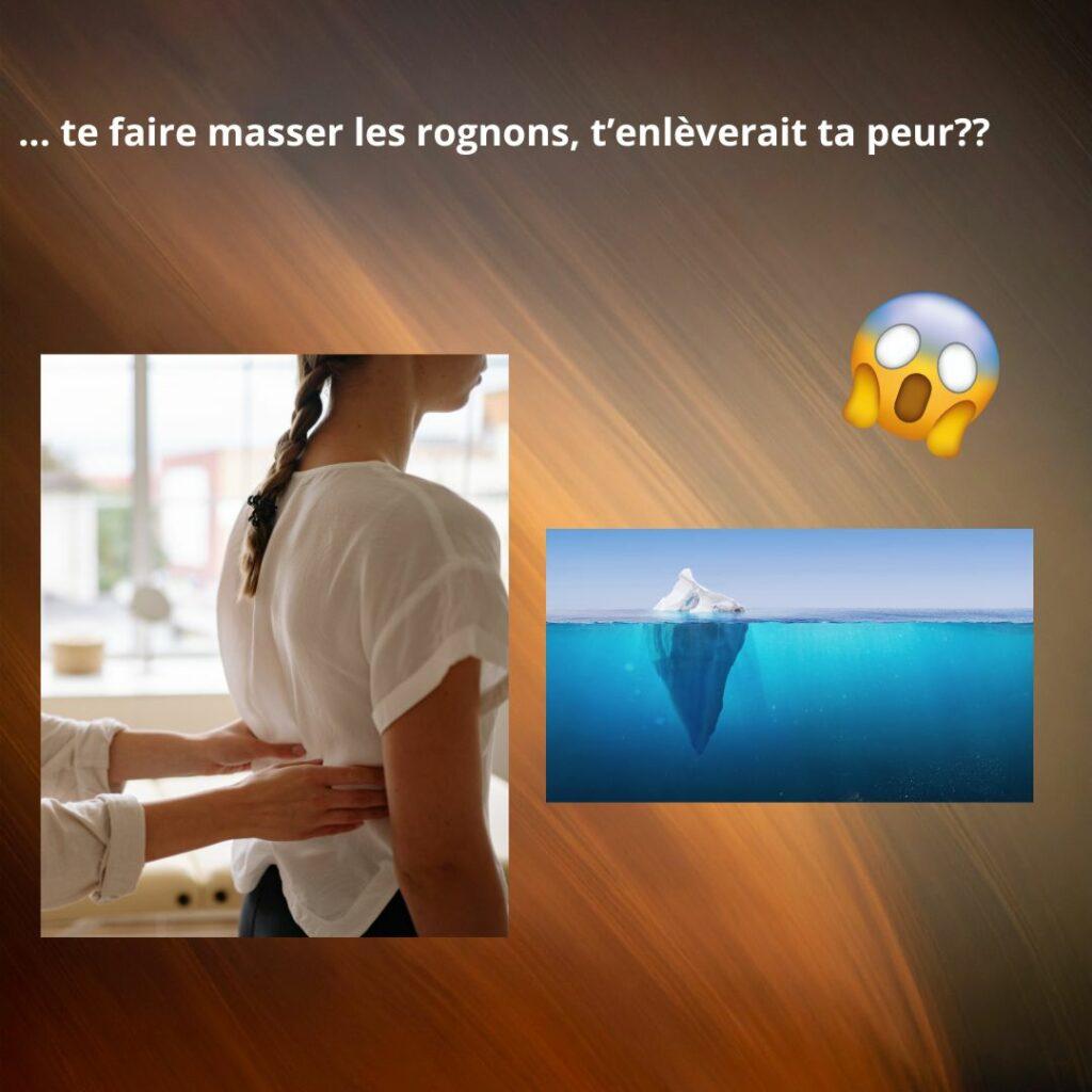 Illustration représentant un massage du bas du dos avec un iceberg pour symboliser la peur cachée et les émotions profondes.