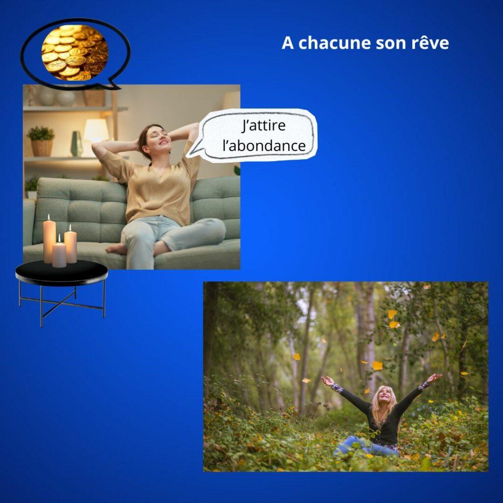 Contraste entre une femme attirant l’abondance sur son canapé et une femme apaisée dans la nature illustrant différentes visions du bonheur