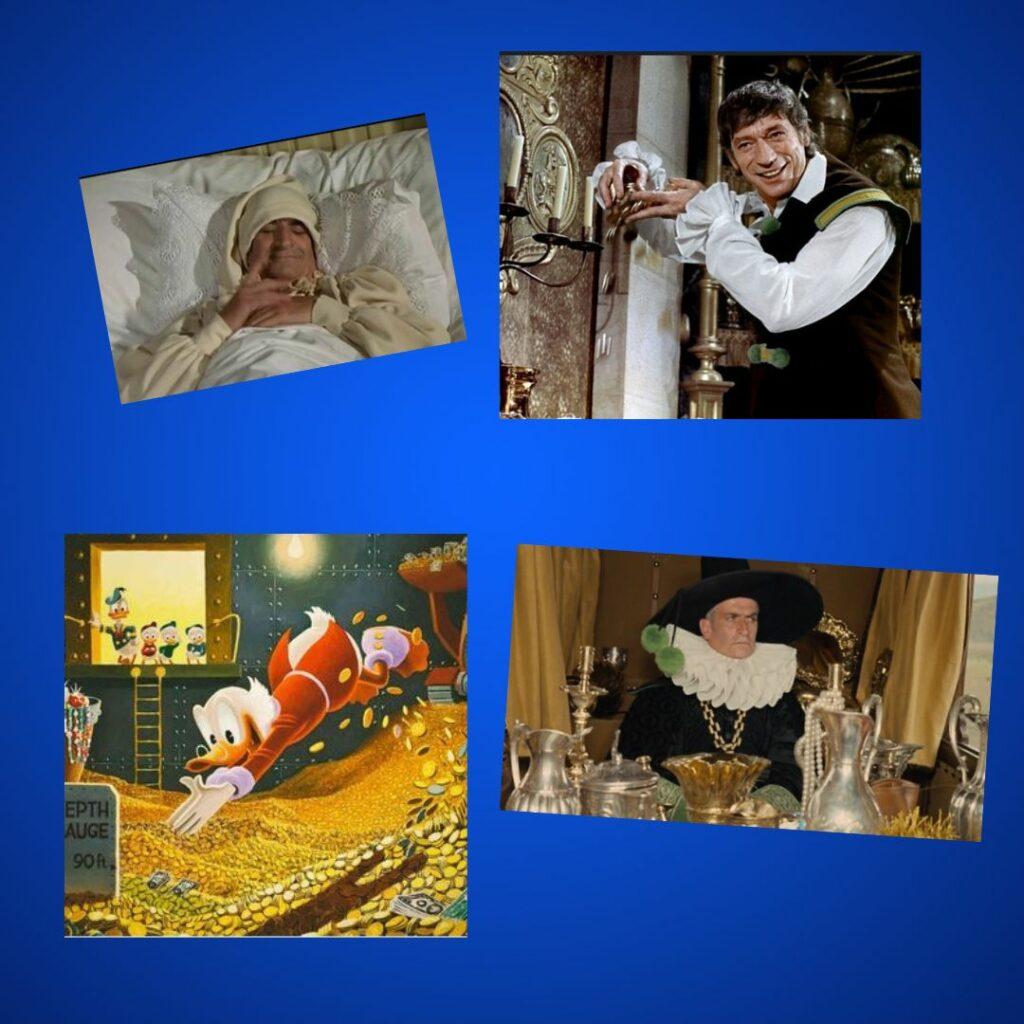 Montage humoristique avec Oncle Picsou et Louis de Funès illustrant l’obsession de l’argent, de l’accumulation et la difficulté à profiter pleinement de ce qu’on possède.