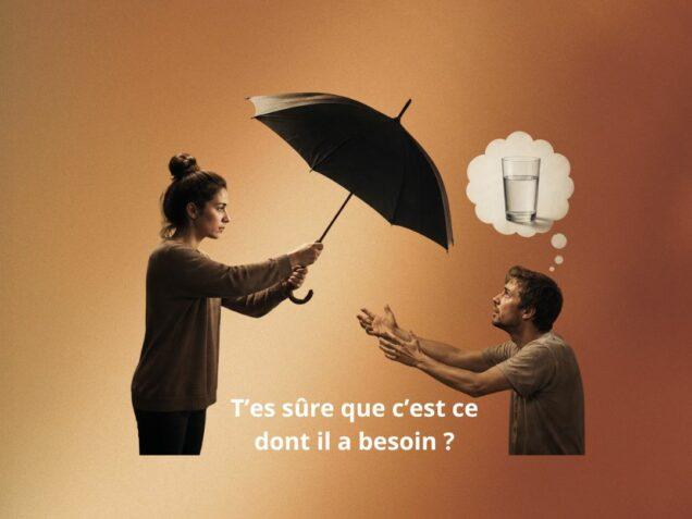 Illustration symbolique d’une femme tendant un parapluie à une personne qui pense à un verre d’eau, représentant le fait de donner aux autres ce que l’on aimerait recevoir plutôt que ce dont ils ont réellement besoin.
