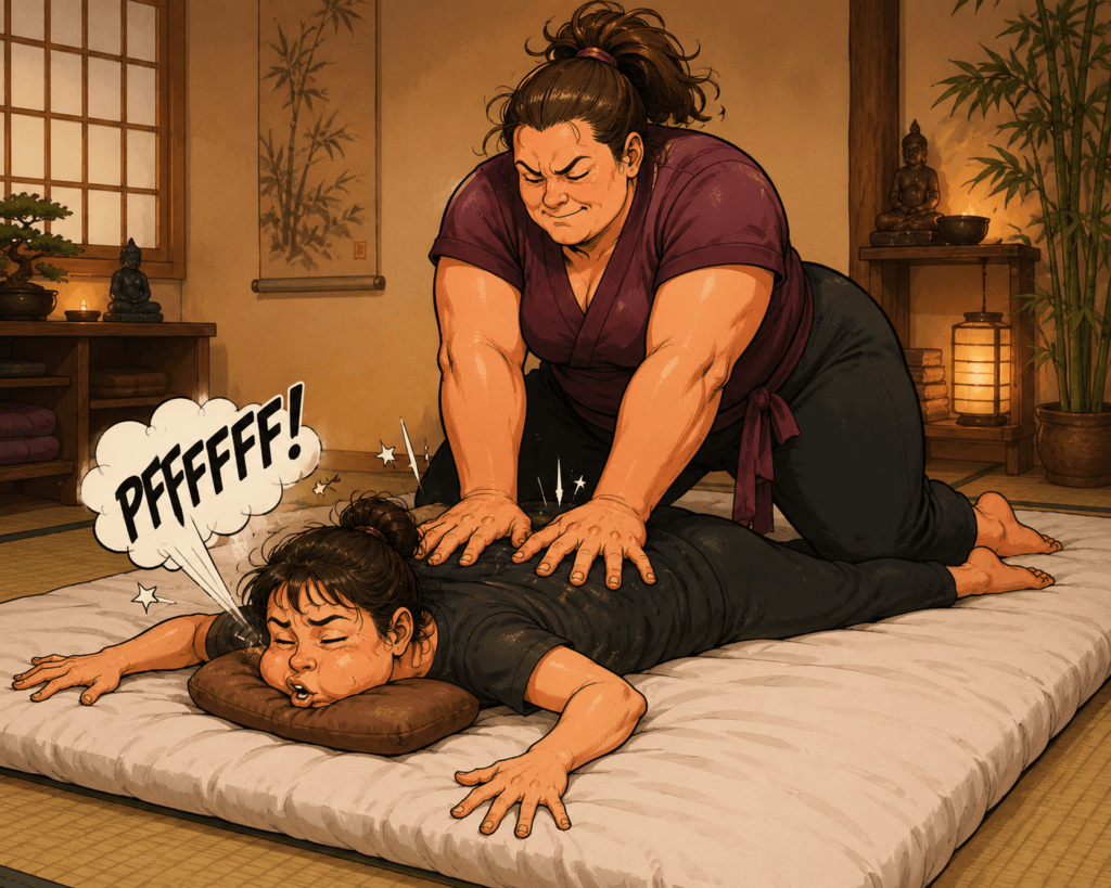 Illustration humoristique d’une élève en formation shiatsu recevant une pression beaucoup trop forte sur un futon, avec la cage thoracique comprimée et un souffle forcé.