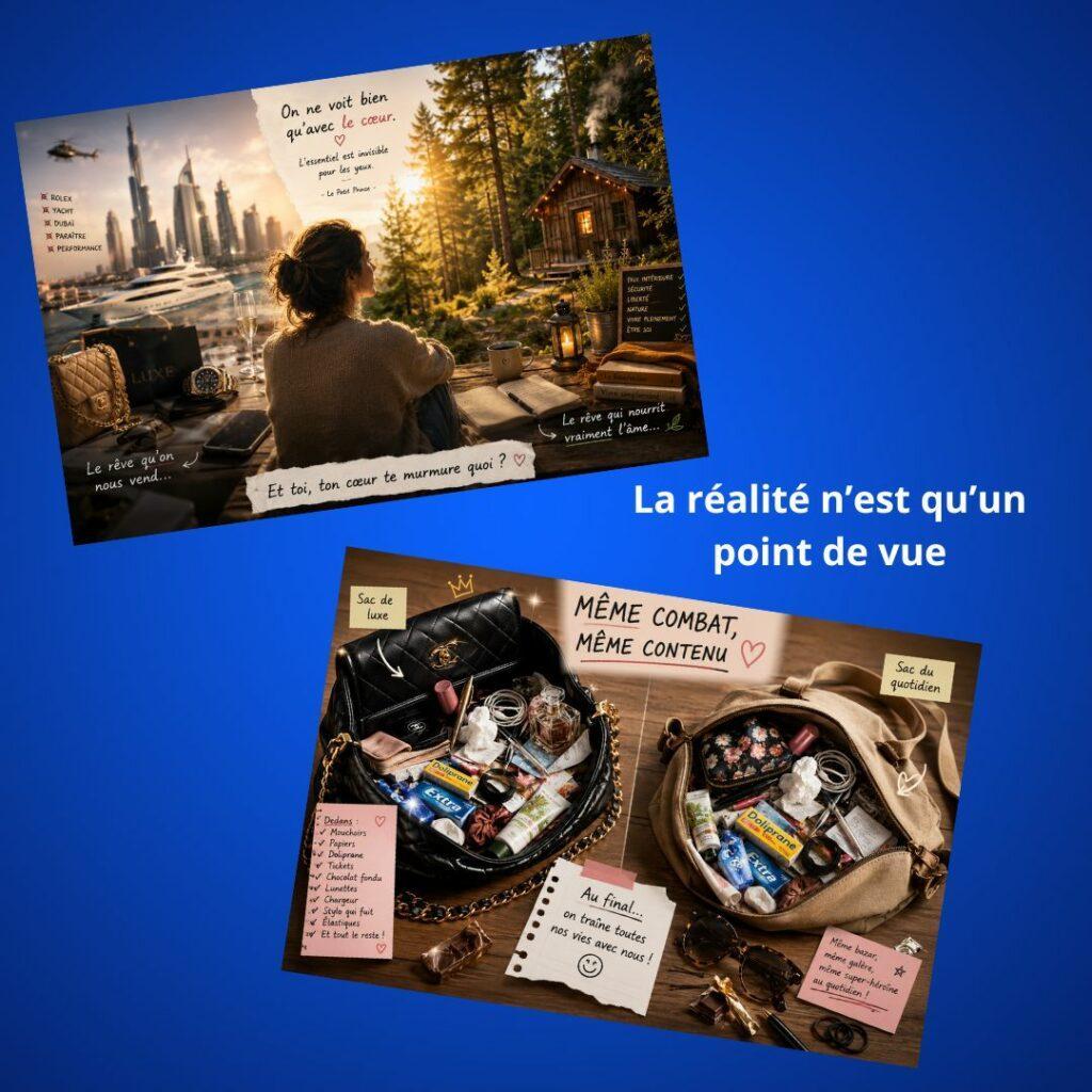 Montage illustrant le contraste entre le luxe affiché et les besoins humains simples, avec une opposition entre réussite matérielle, paix intérieure et quotidien réel.