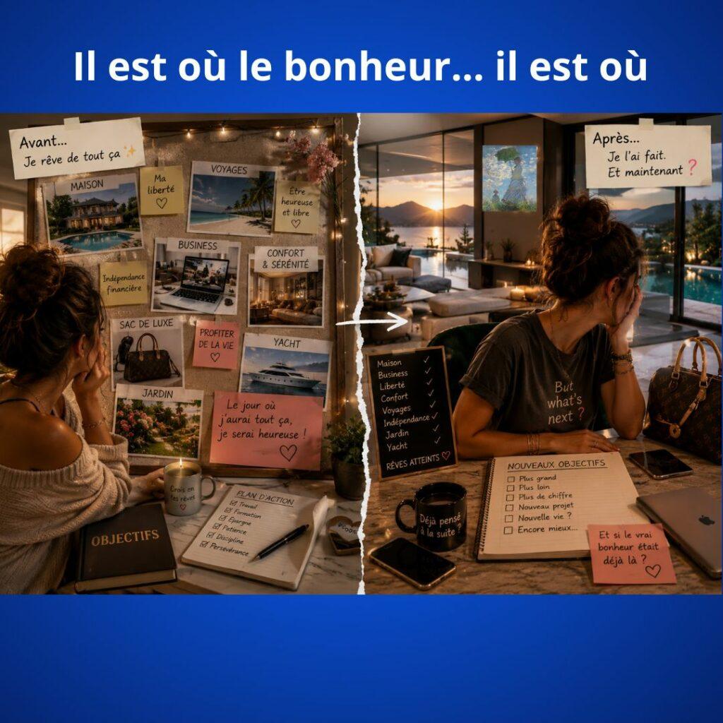 Montage illustrant une femme avant et après la réalisation de ses rêves : à gauche elle imagine maison, liberté et réussite, à droite elle possède déjà tout cela mais semble chercher encore autre chose.