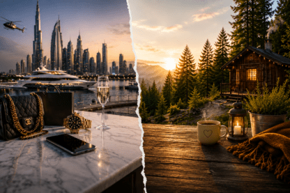 Image divisée en deux : à gauche un univers luxueux avec yacht, Rolex et gratte-ciels, à droite un chalet en forêt au coucher du soleil avec une tasse de thé.