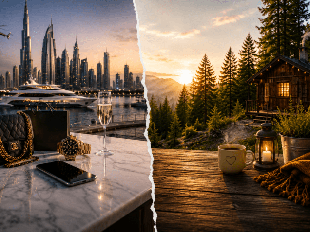 Image divisée en deux : à gauche un univers luxueux avec yacht, Rolex et gratte-ciels, à droite un chalet en forêt au coucher du soleil avec une tasse de thé.
