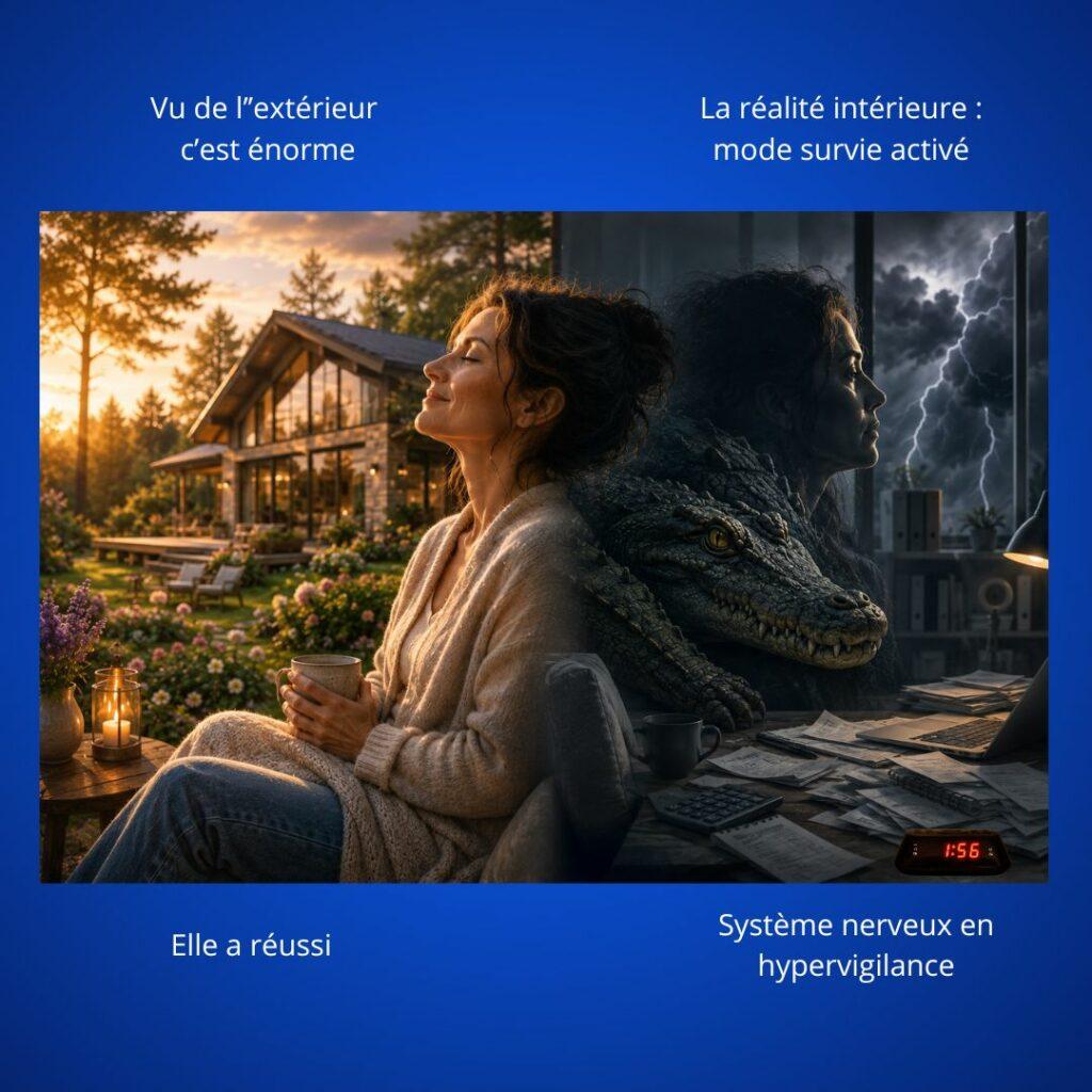 Montage symbolique montrant une femme apaisée devant une maison dans la nature, tandis qu’en arrière-plan sombre apparaît un crocodile représentant l’hypervigilance et la peur du manque malgré une vie extérieurement réussie.