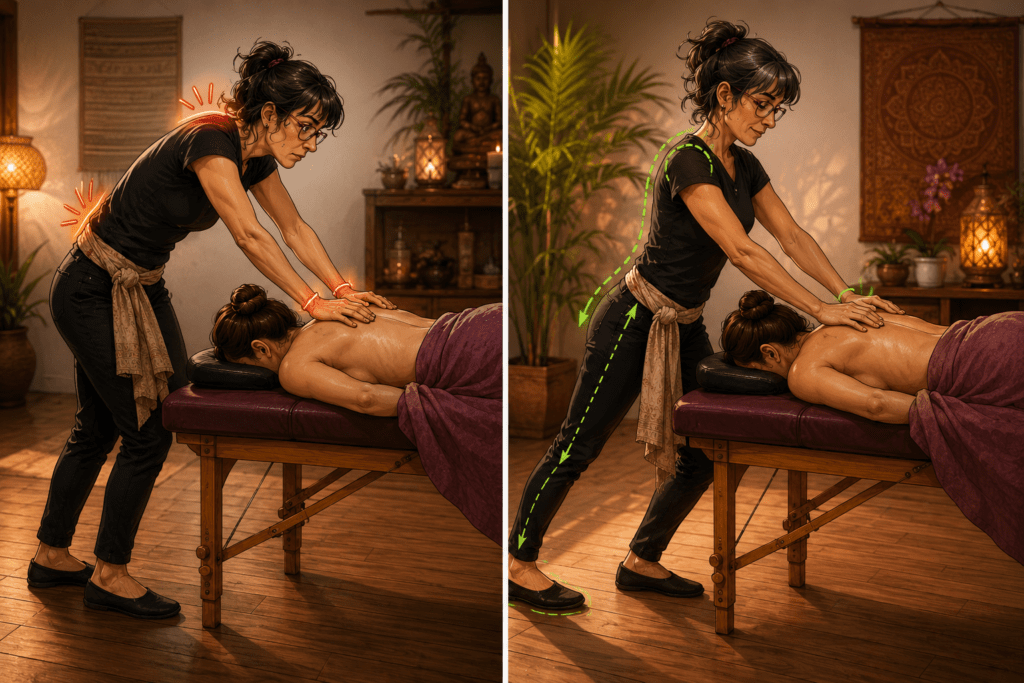 Illustration comparant deux postures de massage : une posture contraignante avec tensions dans le dos et les épaules, et une posture ergonomique utilisant les appuis et le poids du corps.