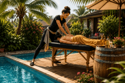 Praticienne réalisant un massage au bord d’une piscine avec une table haute, un pied proche du bord et des huiles exposées au soleil.