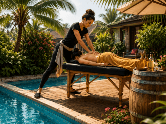 Praticienne réalisant un massage au bord d’une piscine avec une table haute, un pied proche du bord et des huiles exposées au soleil.